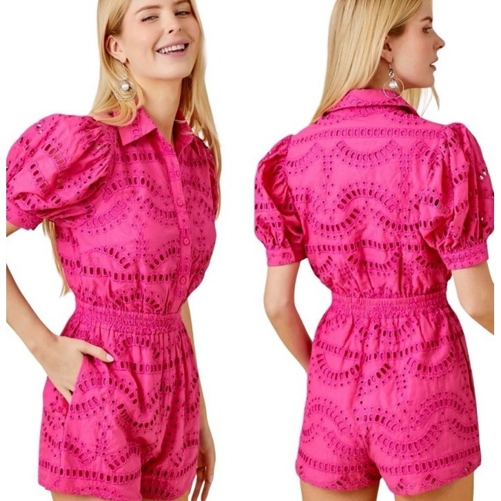 Mainstrip Eyelet Romper Size M Hot Pink Barbiecore Cottagecore Puff Sleeve Euc